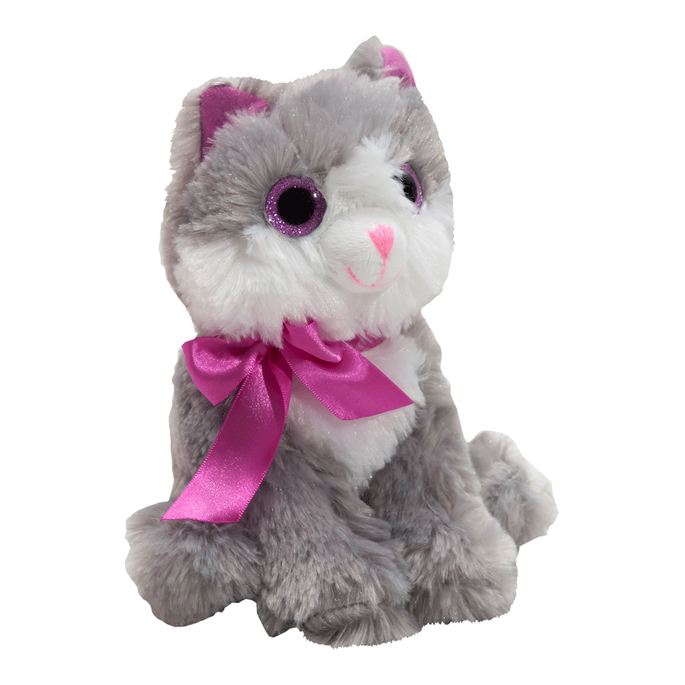 jucarie de plus noriel plush – pisicuta gri cu fundita roz, 20 cm