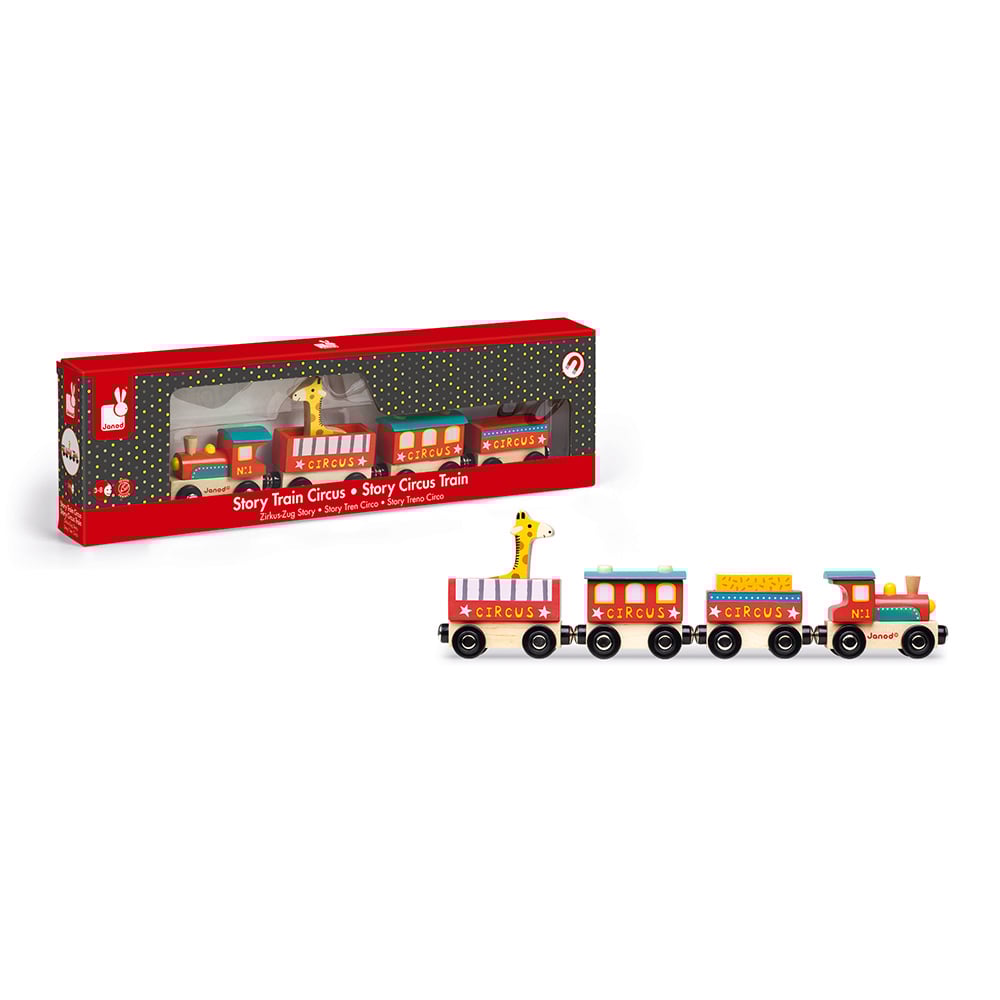 Trenulet de lemn cu locomotiva, 4 vagoane si o girafa Janod