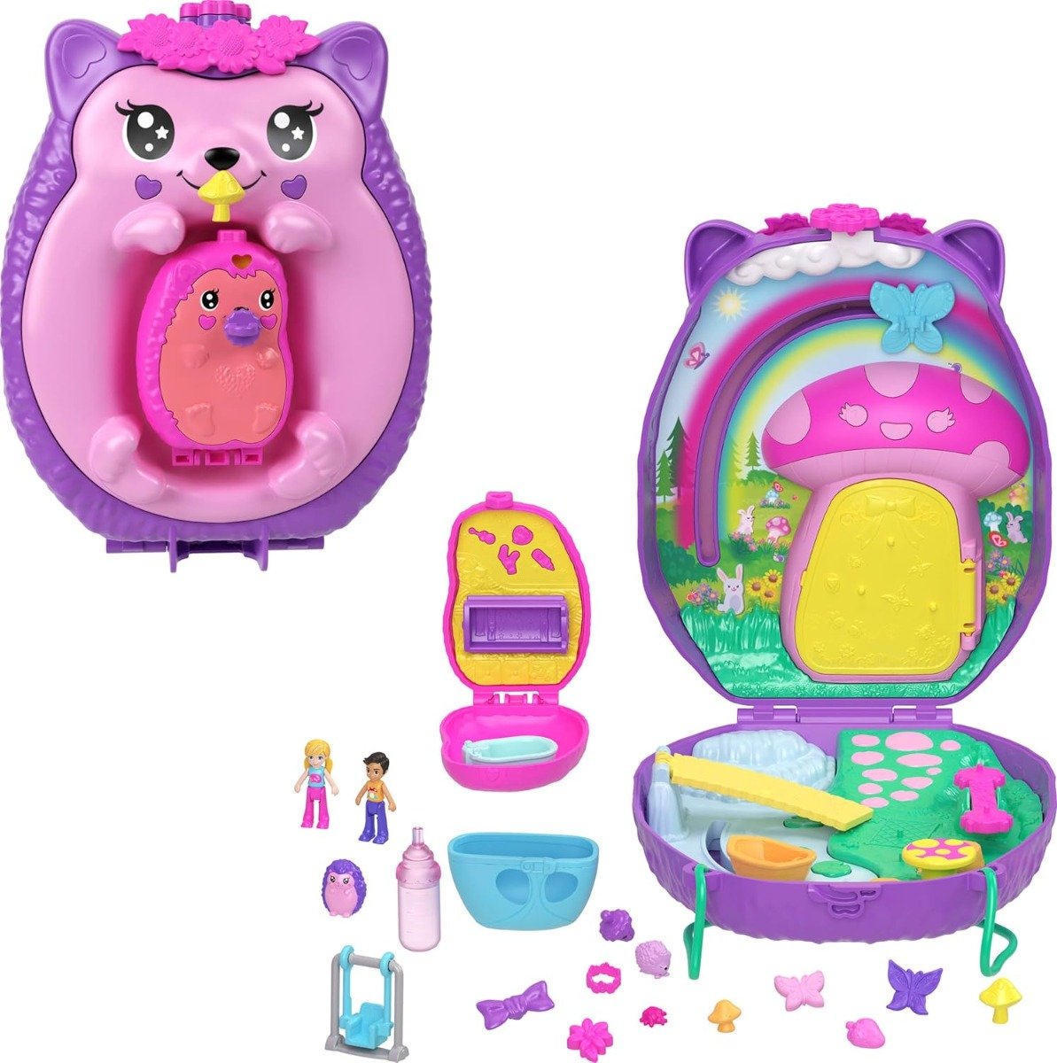 Set de joaca cu 2 papusi si accesorii in gentuta, Polly Pocket, Hedgehog Mom & Baby, JBJ91