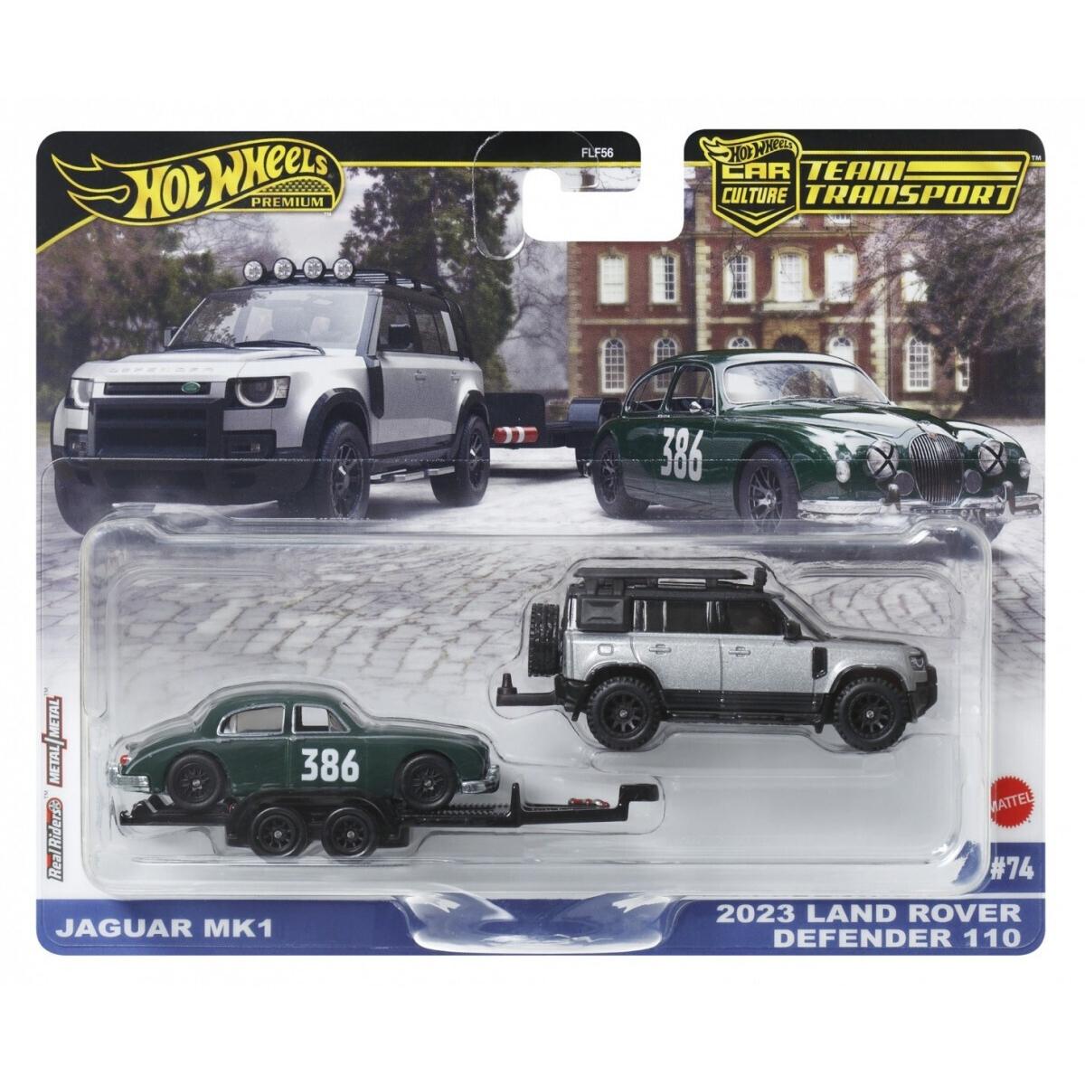 Transportator cu masinuta Hot Wheels, Team Transport, 2023 Land Rover Defender 110 si Jaguar MK1, JBM29
