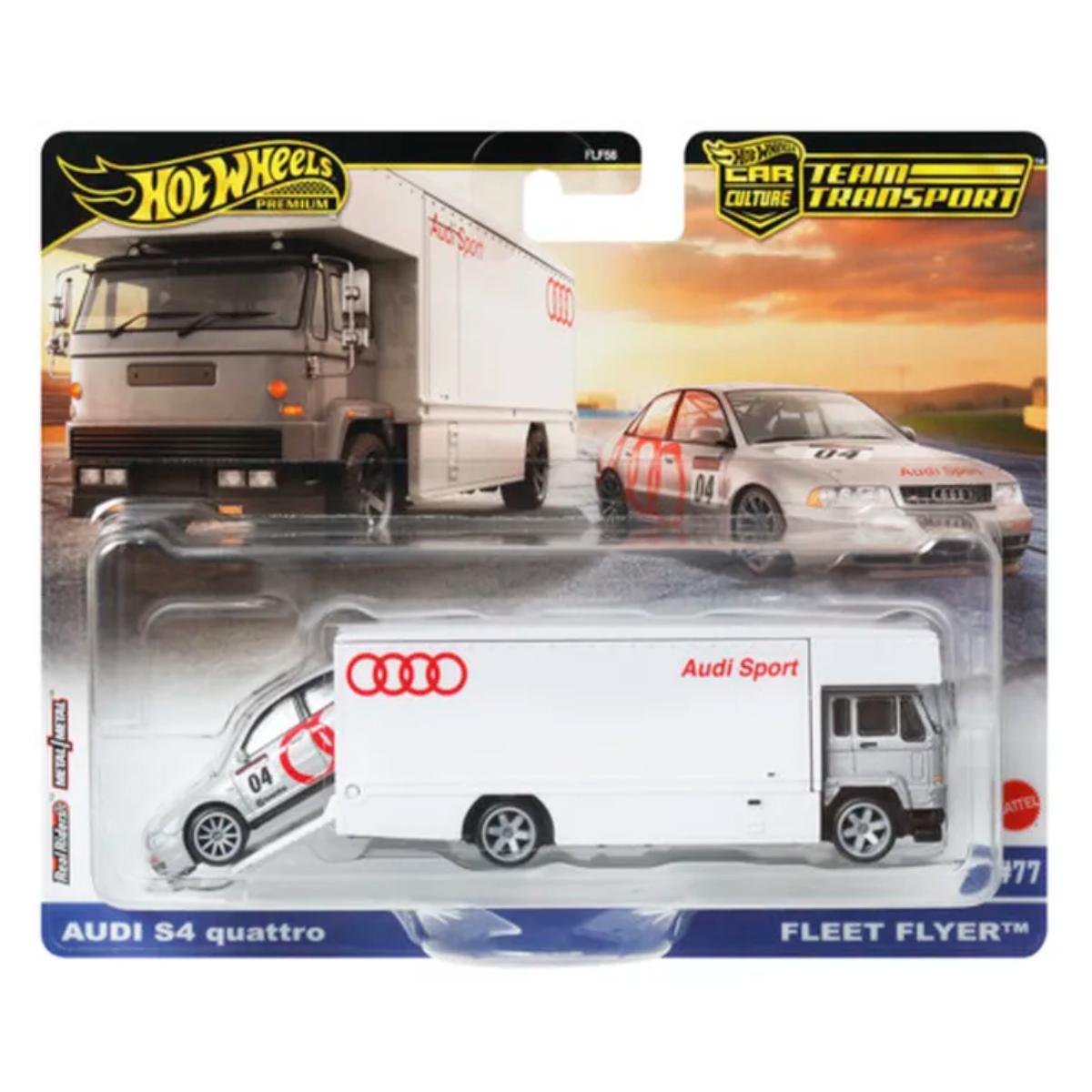 Transportator cu masinuta Hot Wheels, Audi S4 Quattro si Fleet Flyer, JBM30