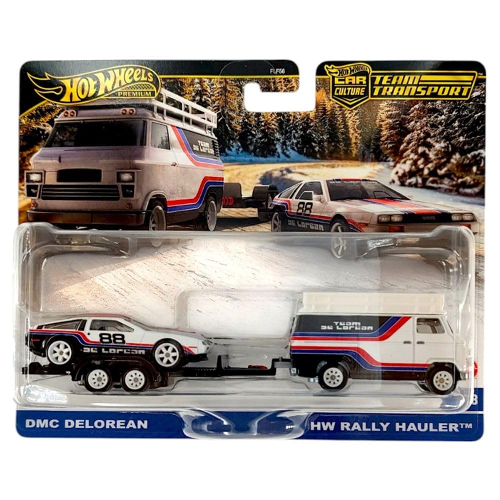 Transportator cu masinuta Hot Wheels, DMC Delorean si HW Rally Hauler, JBM35