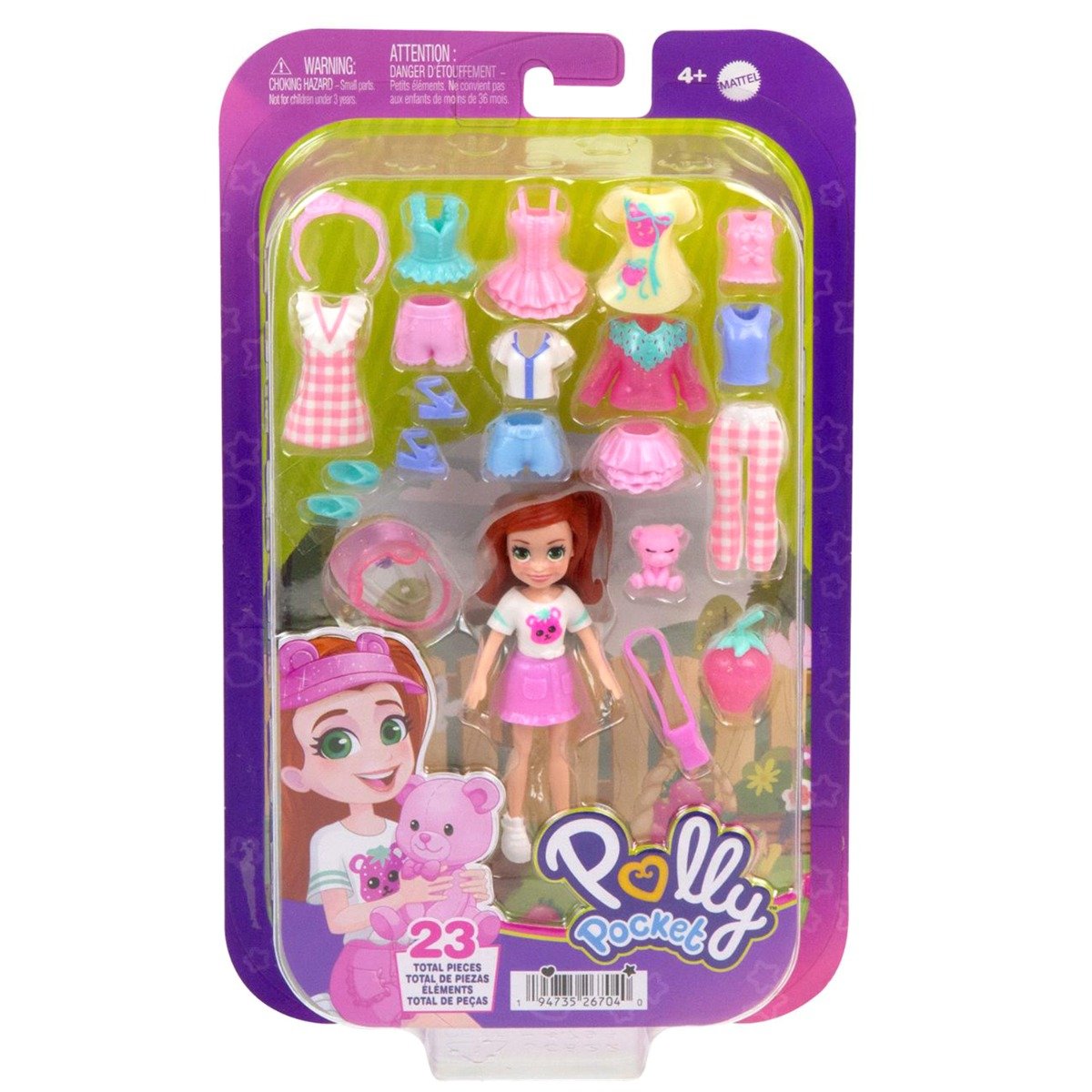 Mini papusa cu animalut si haine de schimb, Polly Pocket, Strawberry Fashion, JCB22