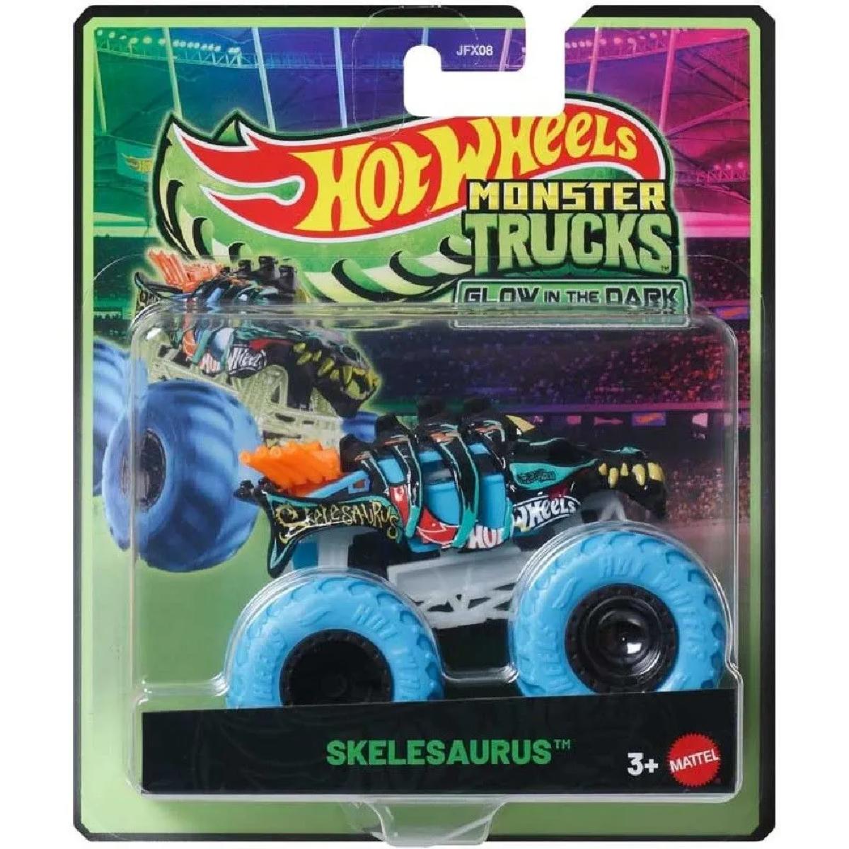 Masina Hot Wheels, Monster Truck, Glow In The Dark, Brilha Skelesaurus, JCG70