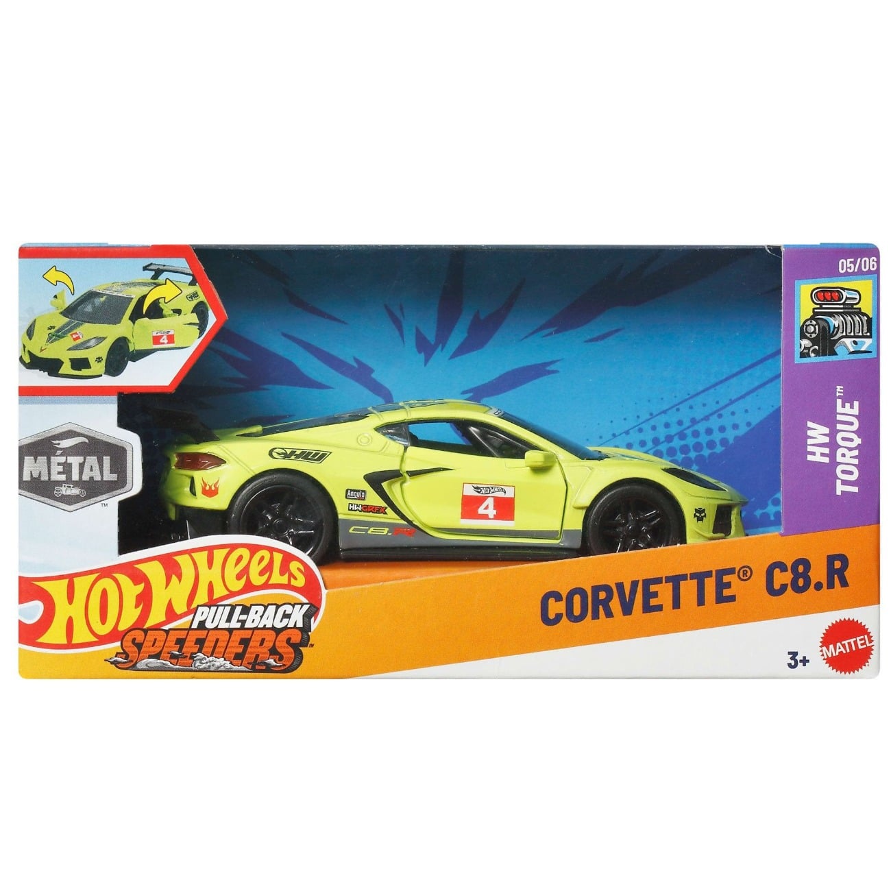 Masina din metal, Hot Wheels, Pull Back Speeders, HW Torque, Corvette C8.R, 1:43, JCM12