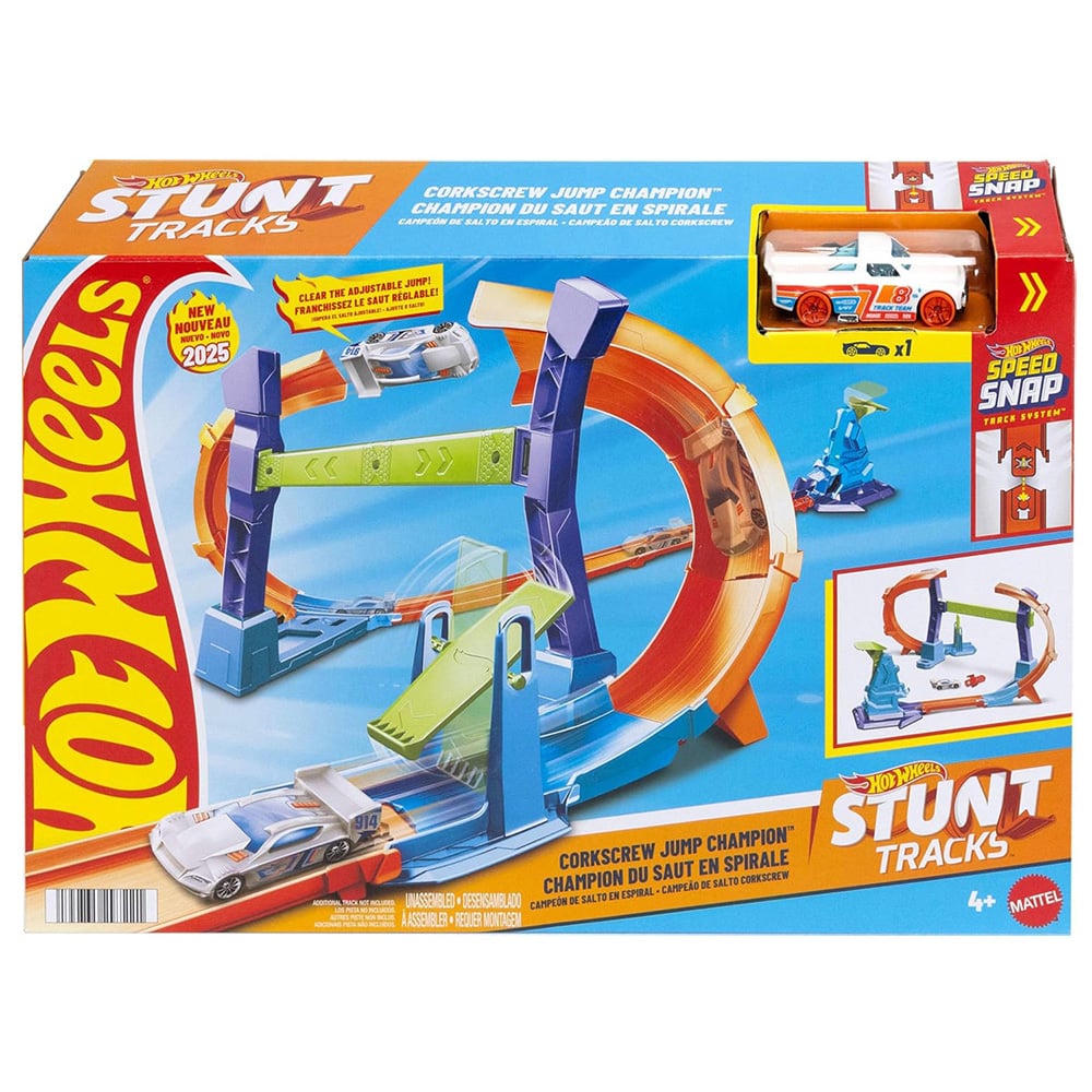 Set de joaca circuit cu masina, Hot Wheels,  Stunt Tracks, Corkscrew Jump Champion, JFH36