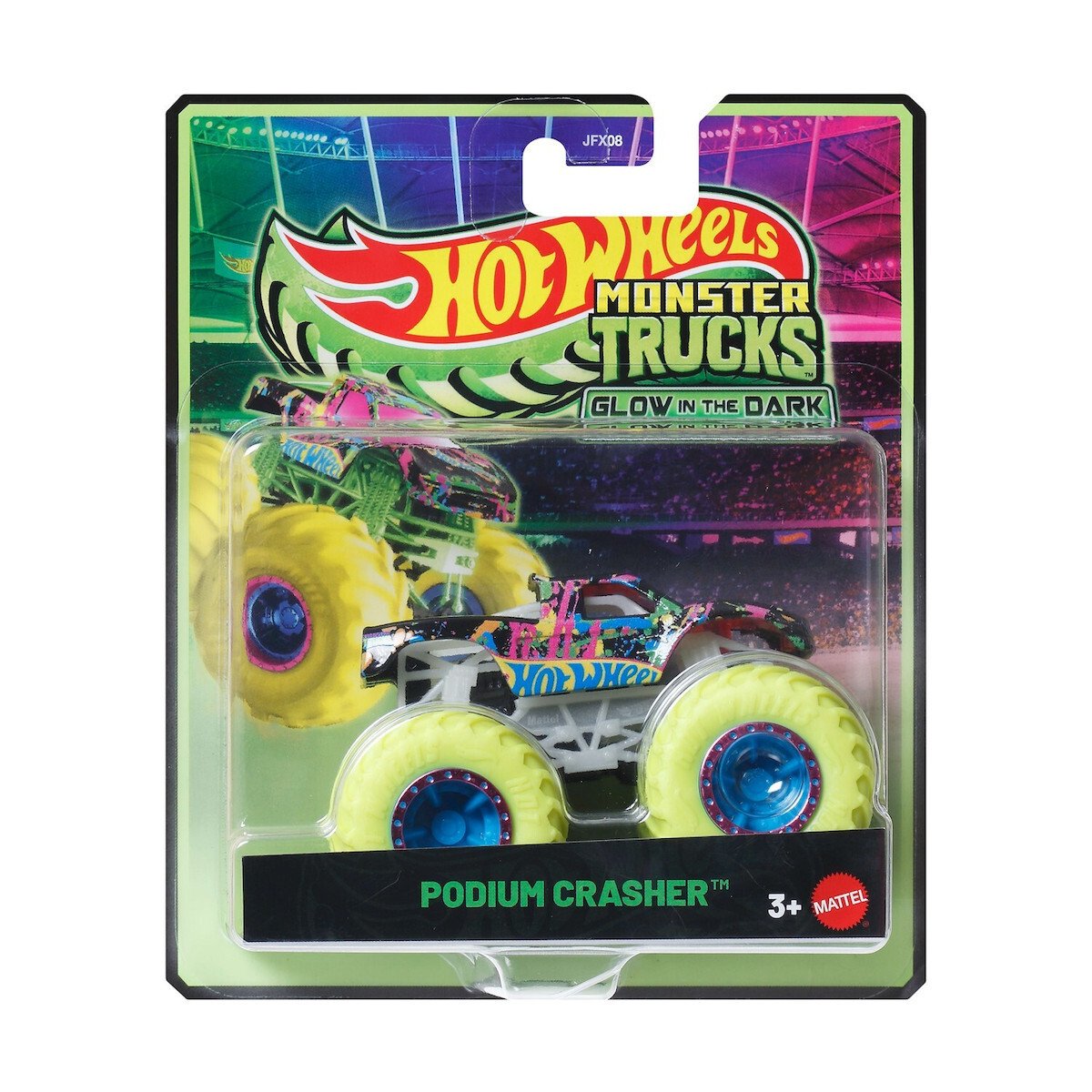 Masina Hot Wheels, Monster Truck, Glow In The Dark, Podium Crasher, JFX09