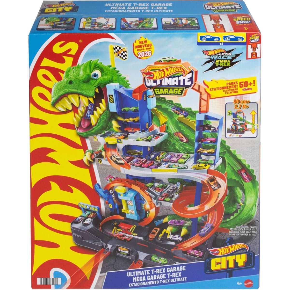 Set de joaca cu 2 masinute, Hot Wheels City, Ultimate Garage T-Rex, JHL98