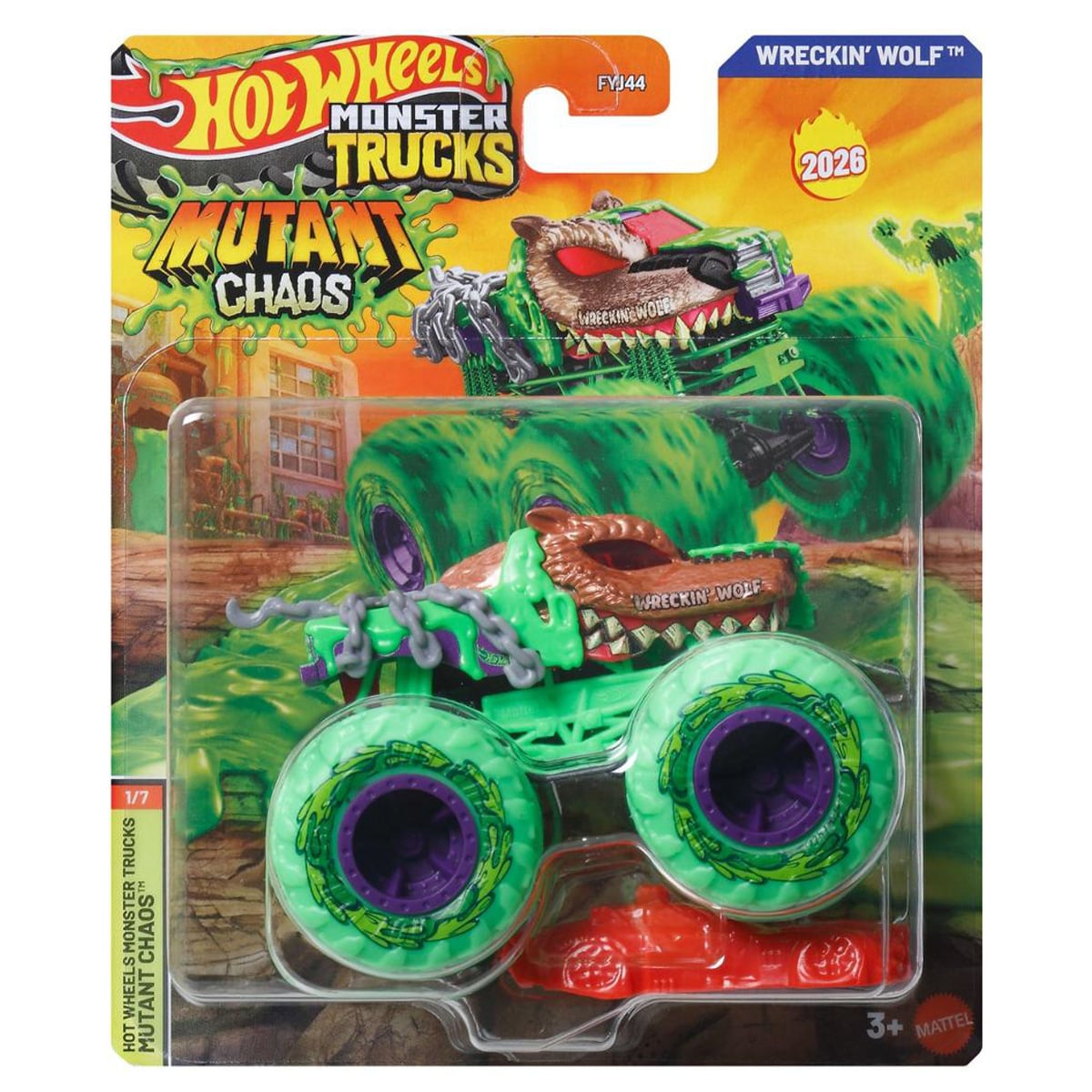 Masinuta Hot Wheels, Monster Truck, Crushed Car, Mutant Chaos, Wreckin Wolf, JHY26