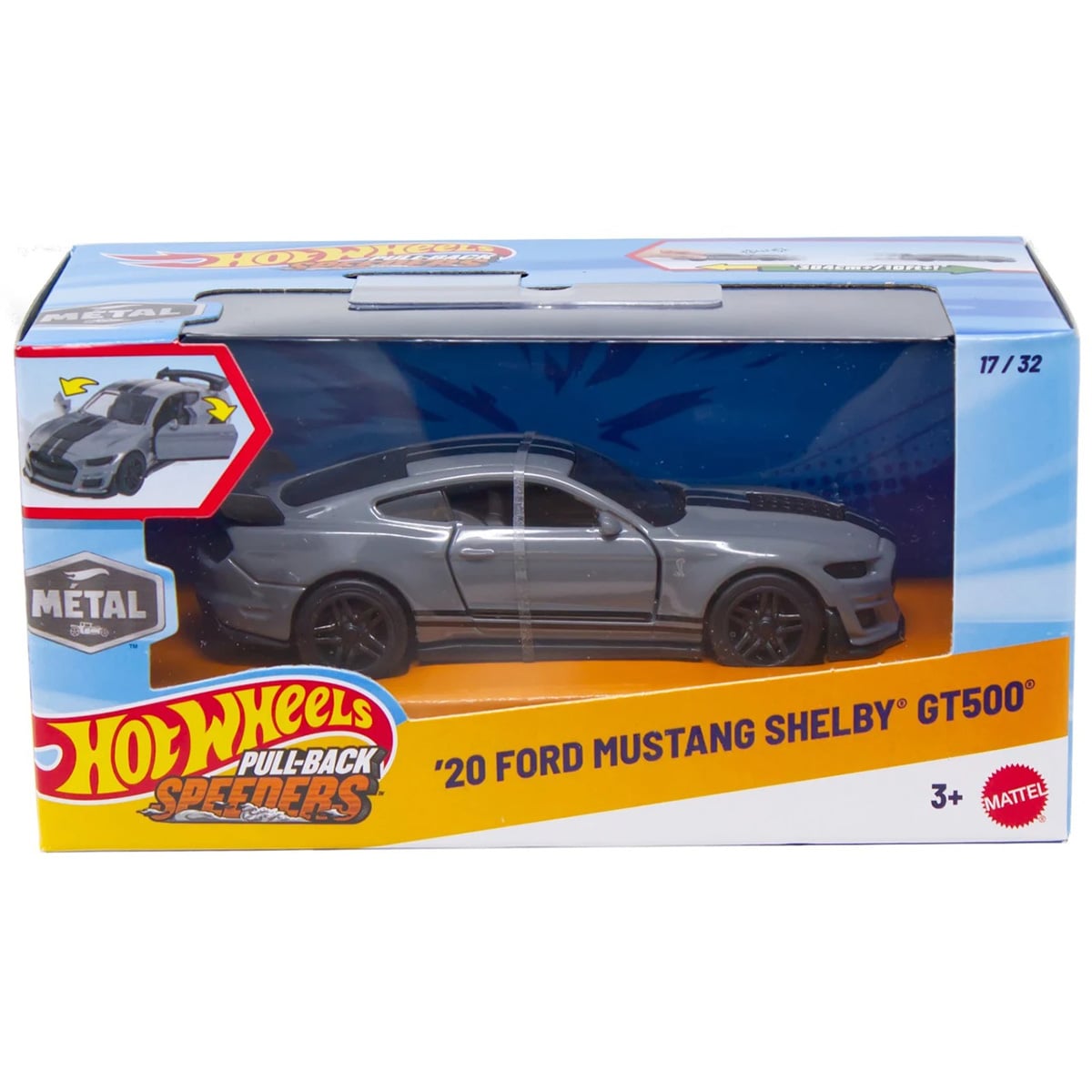 Masina din metal, Hot Wheels, Pull Back Speeders, 20 Ford Mustang Shelby GT500, 1:43, JKP93