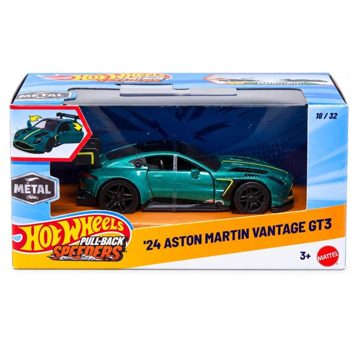 Masina din metal, Hot Wheels, Pull Back Speeders, 24 Aston Martin Vantage GT3, 1:43, JKP94