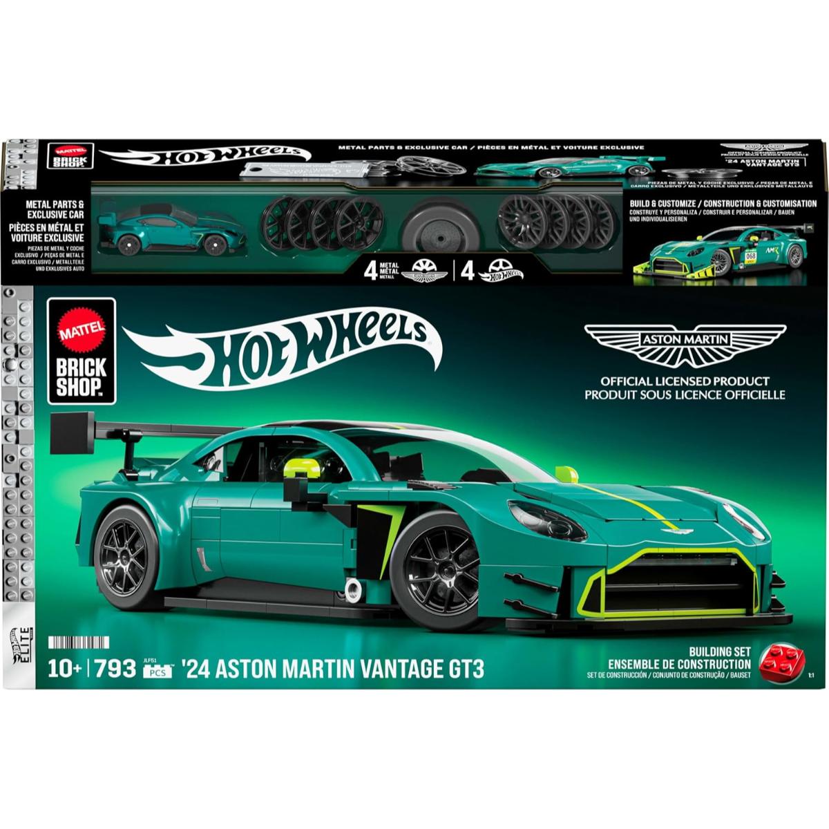 Set de constructie si masina metalica, Brick Shop, Hot Wheels, 24 Aston Martin Vantage GT3, JLF51