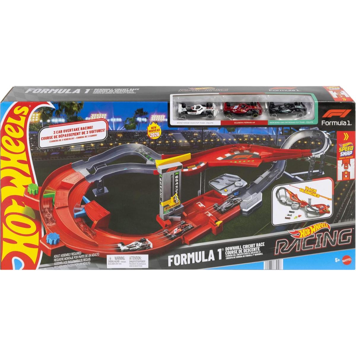 Set 3 masini si pista de curse, Hot Wheels, Formula 1 Downhill Circuit Race, JMC90