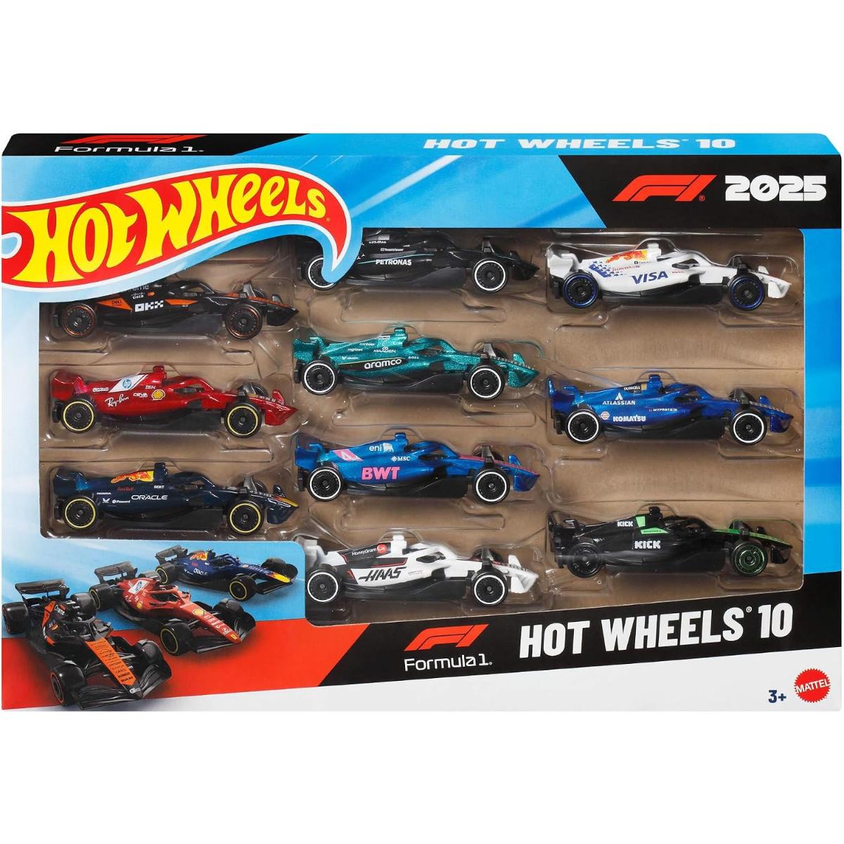 Set 10 masini de curse, Hot Wheels, 2025 Formula 1, 1:64, JMM24