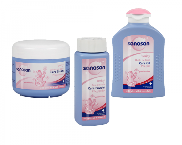 kit sanosan care: crema de ingrijire, ulei protector, pudra de ingrijire