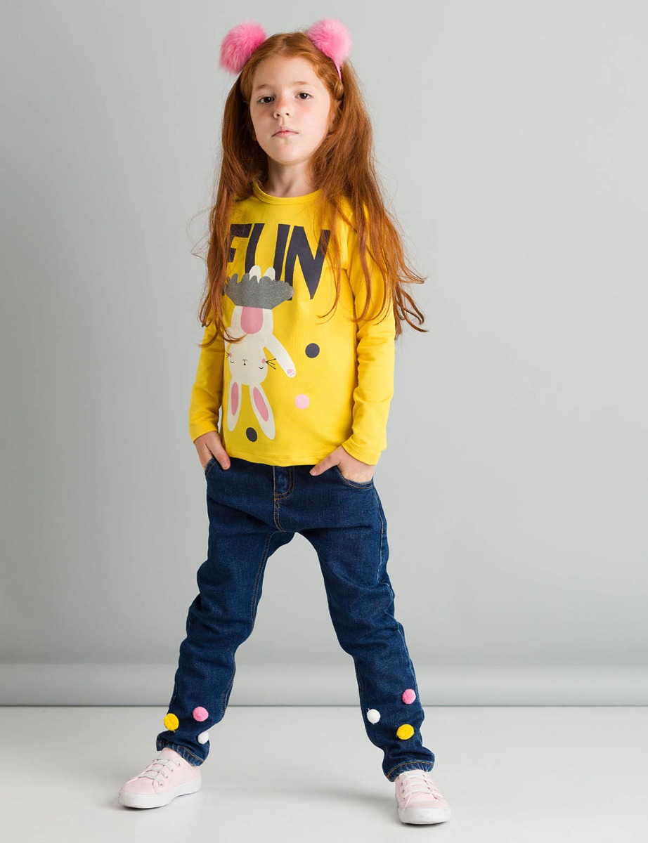 Set tricou cu maneca lunga si pantaloni jeans Fun Pompom Mushi