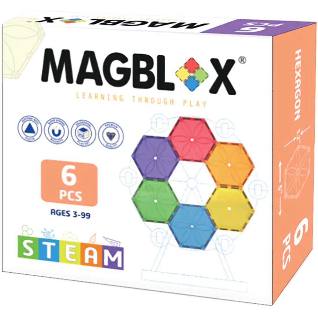 Set magnetic de constructie transparente, Magblox, Hexagon, 6 piese
