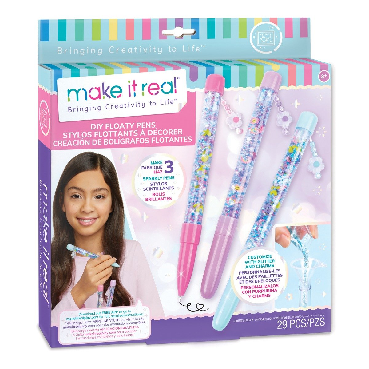 Set de creat 3 pixuri cu sclipici, Make It Real, Floaty Pens, 29 piese