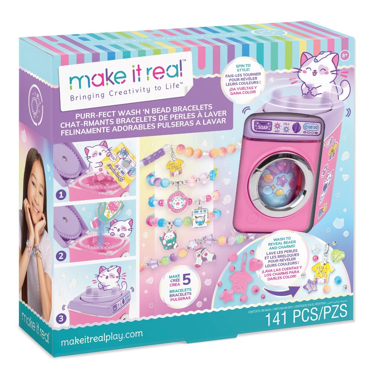Set de creat bratari, Make It Real, Purr-fect Wash Bead, 141 piese