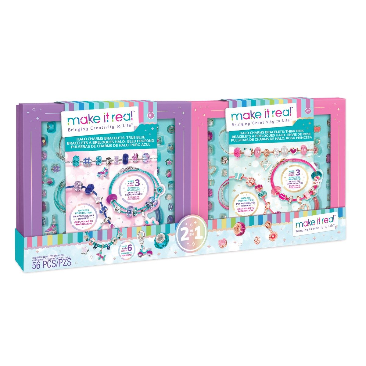 Set 2 in 1 pentru 6 bratari, Make It Real, Halo Charms, Think Pink si True Blue, 56 piese