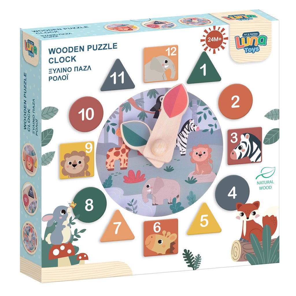Ceas din lemn tip puzzle, Luna Toys, 22 x 3 cm