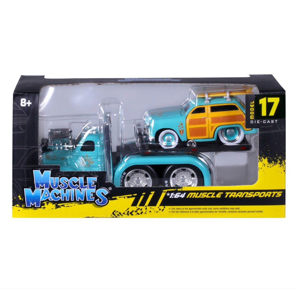 Transportator si masinuta, Maisto, Muscle Transports, 1953 MACK B-61 Flatbed si 1950 Ford Woody, 1:64