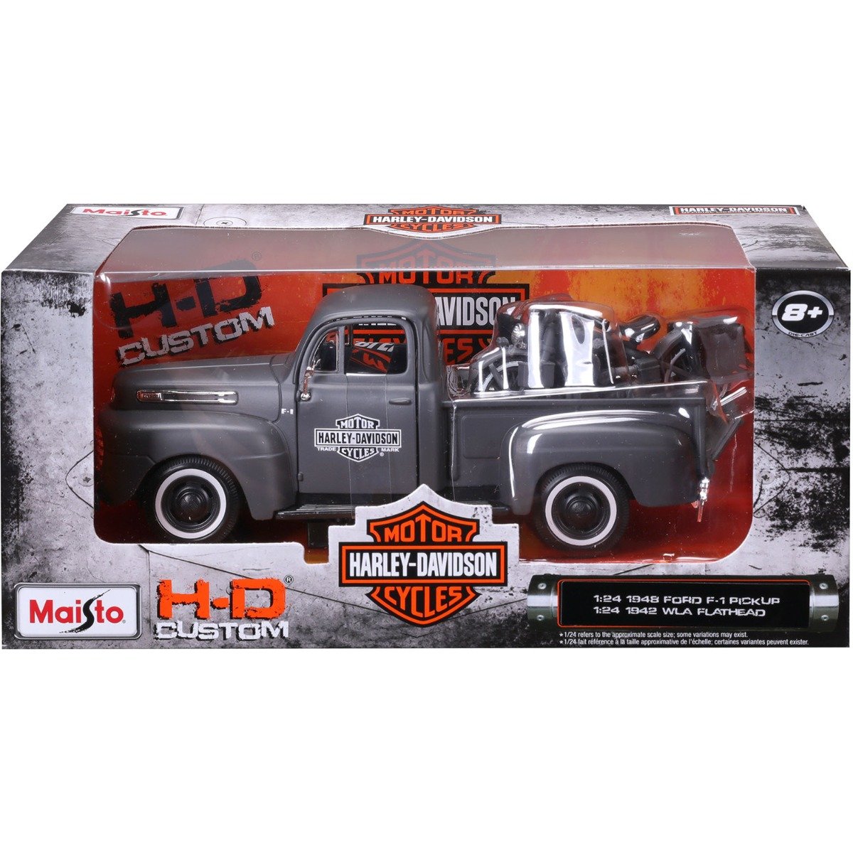 Set masina si motocicleta, Maisto, H-D Custom, 1948 Ford F1 Pick Up si 1942 WLA Flathead, 1:24