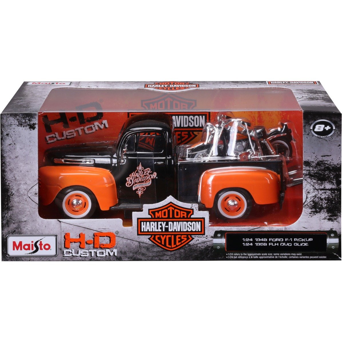 Set masina si motocicleta, Maisto, H-D Custom, 1948 Ford F1 Pick Up si 1958 FLH Duo Glide, 1:24