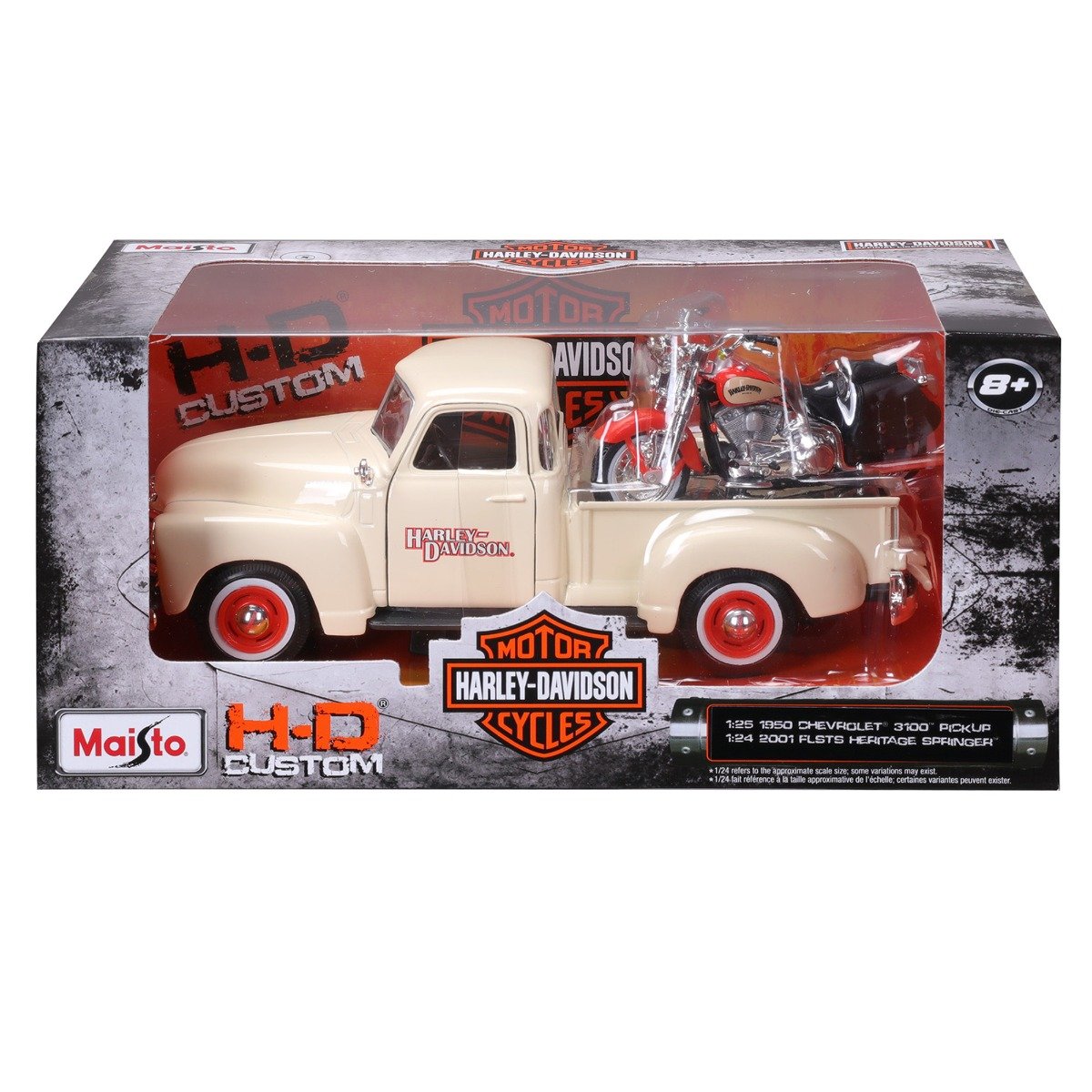 Set masina si motocicleta, Maisto, H-D Custom, 1950 Chevrolet 3100 Pick Up 1:25 si 2001 FLSTS Heritage Springer, 1:24