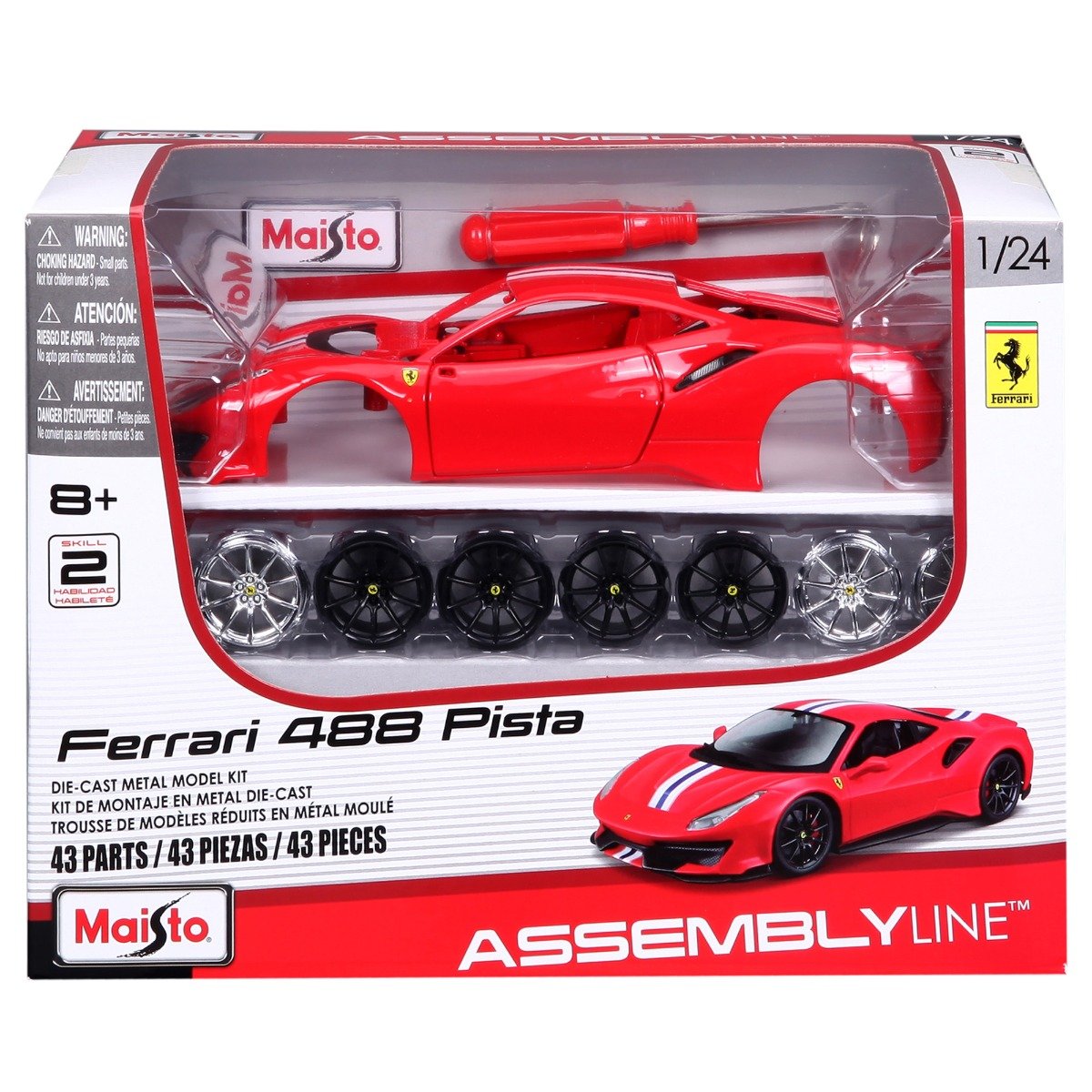 Set constructie masinuta metalica, Maisto, Ferrari 488 Pista, 43 piese, 1:24, Rosu