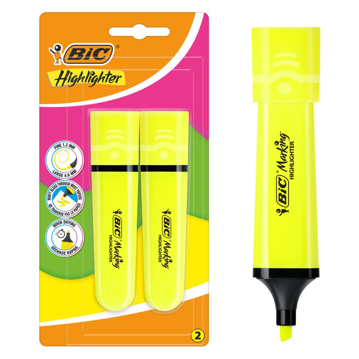 Set 2 markere evidentiatoare, Bic, Highlighter Flat, Galben Neon