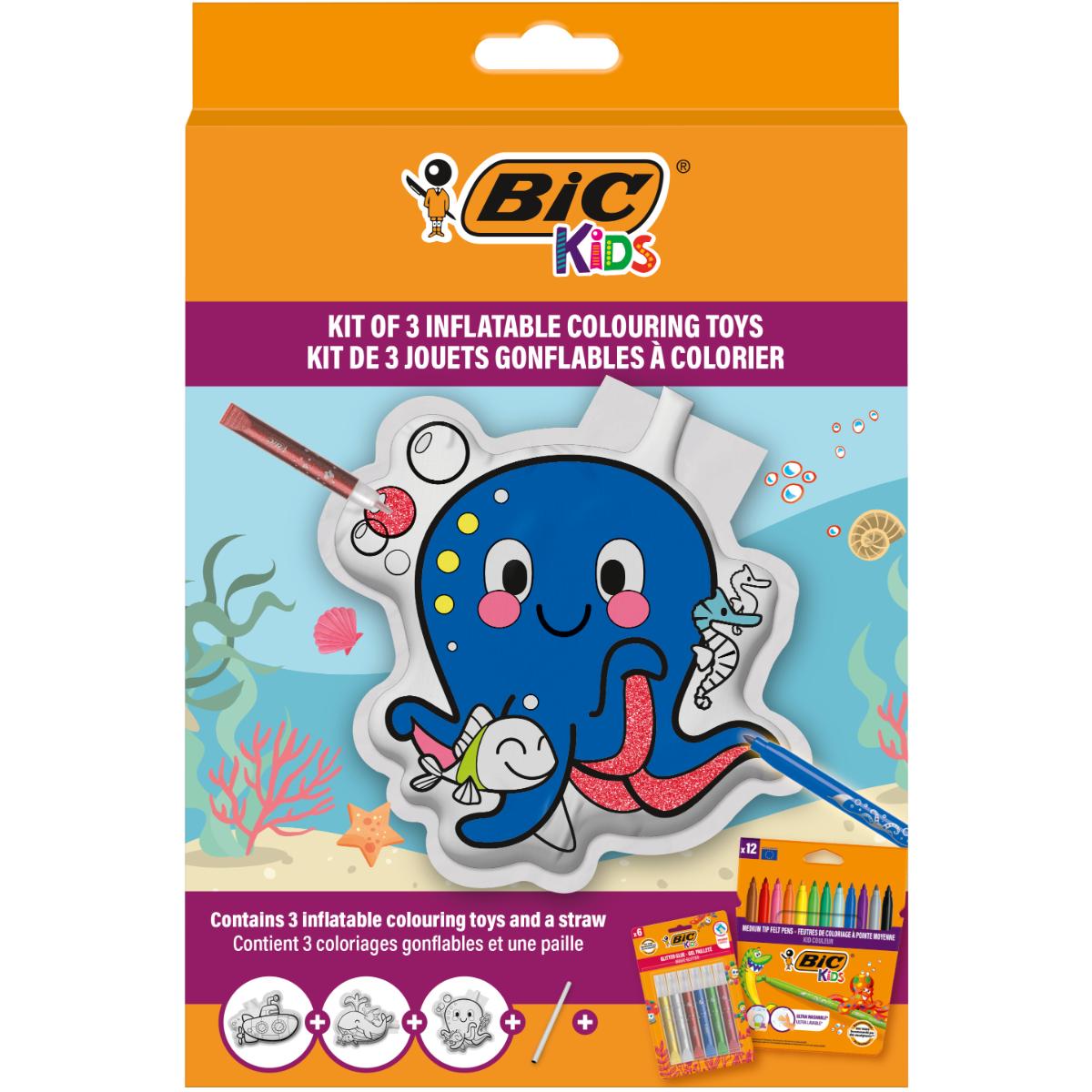 Set 3 jucarii gonflabile cu 12 markere colorate si 6 tuburi cu lipici, Bic