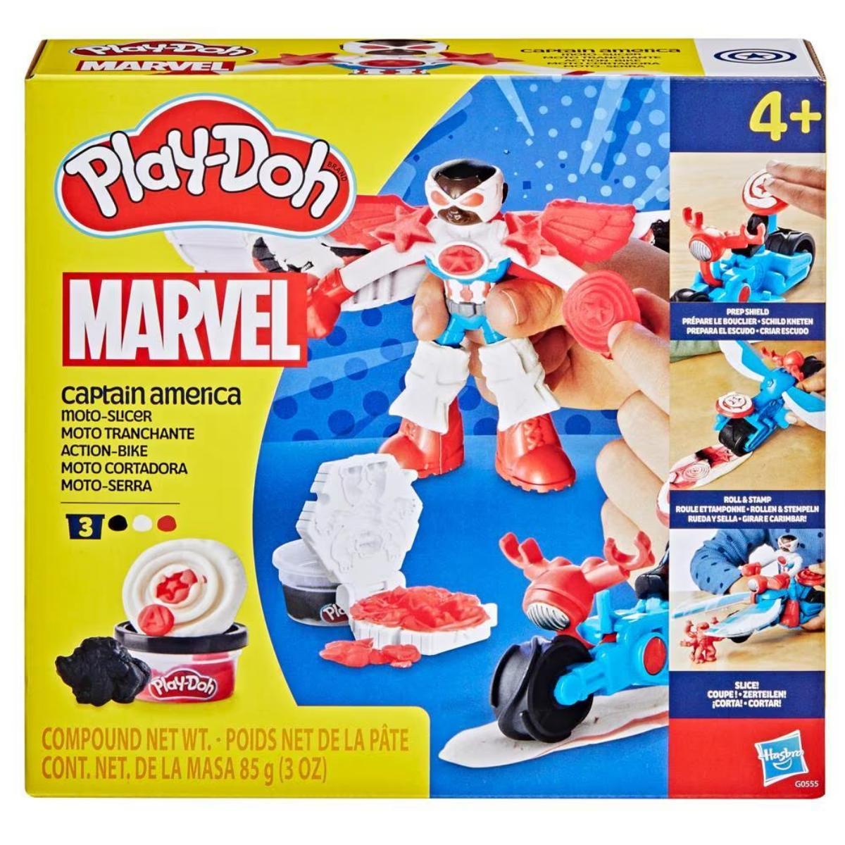 Set de joaca cu figurina, Play-Doh, Marvel, Captain America si Moto Slicer, G0555