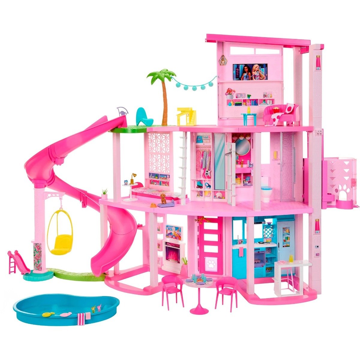 Set Casa de papusi Barbie Dreamhouse, 114 cm, cu piscina, tobogan, lift, lumini si sunete, 75 piese 114 imagine 2022