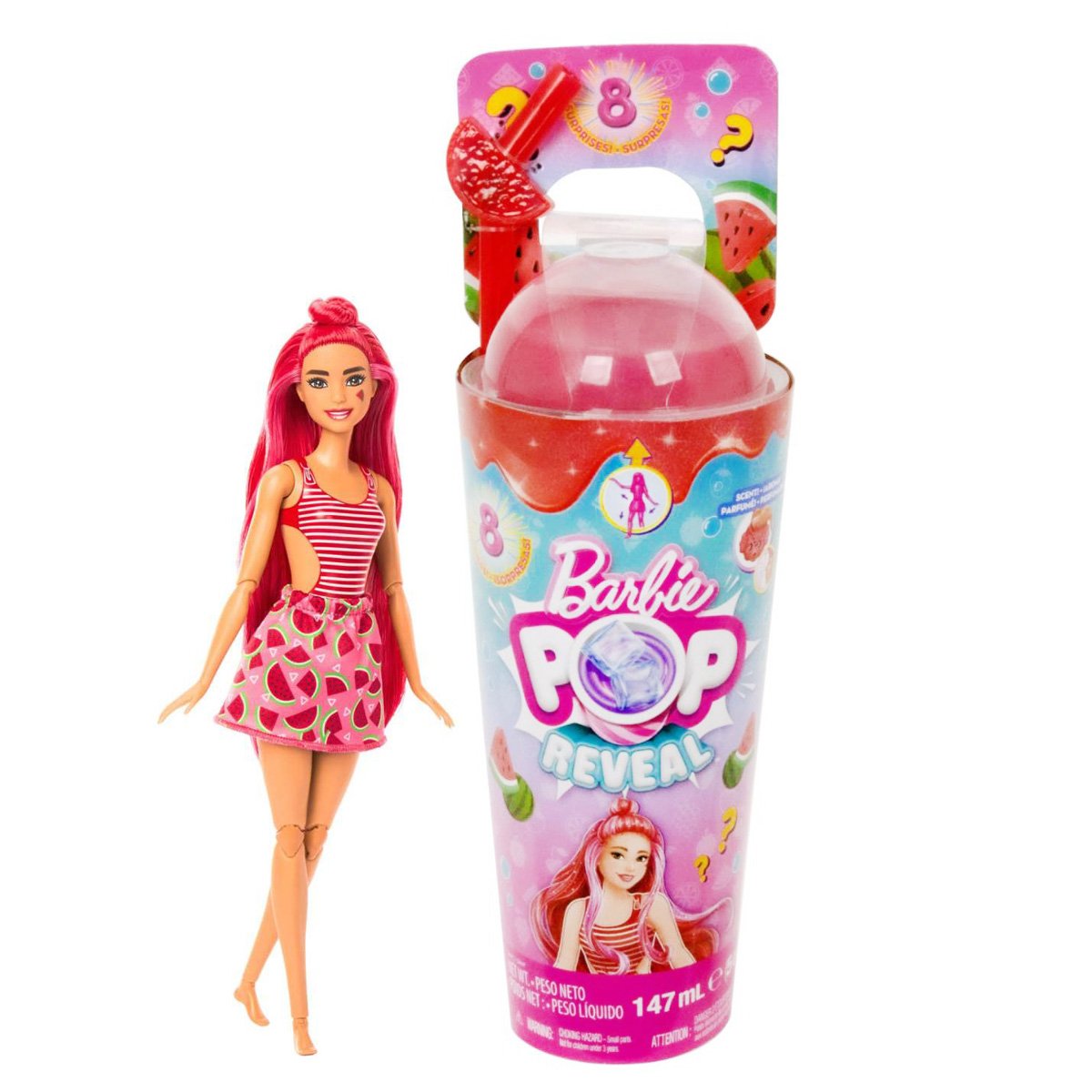 Papusa cu accesorii Barbie, Color Pop Reveal Fruit, Pepene, 8 surprize, HNW43