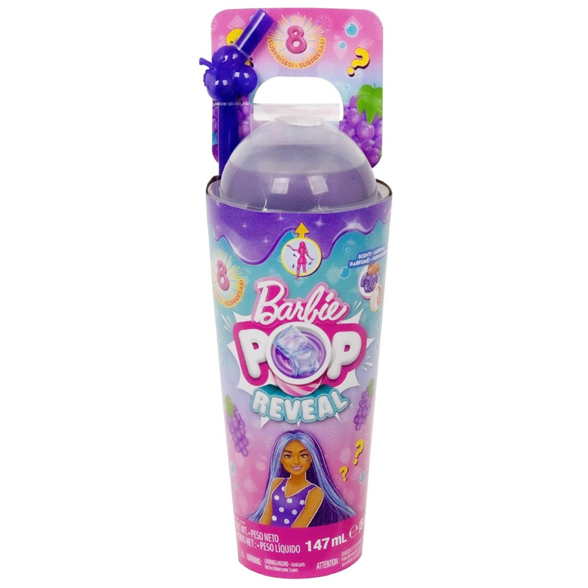 Papusa cu accesorii Barbie, Color Pop Reveal Fruit, Strugure, 8 surprize, HNW44
