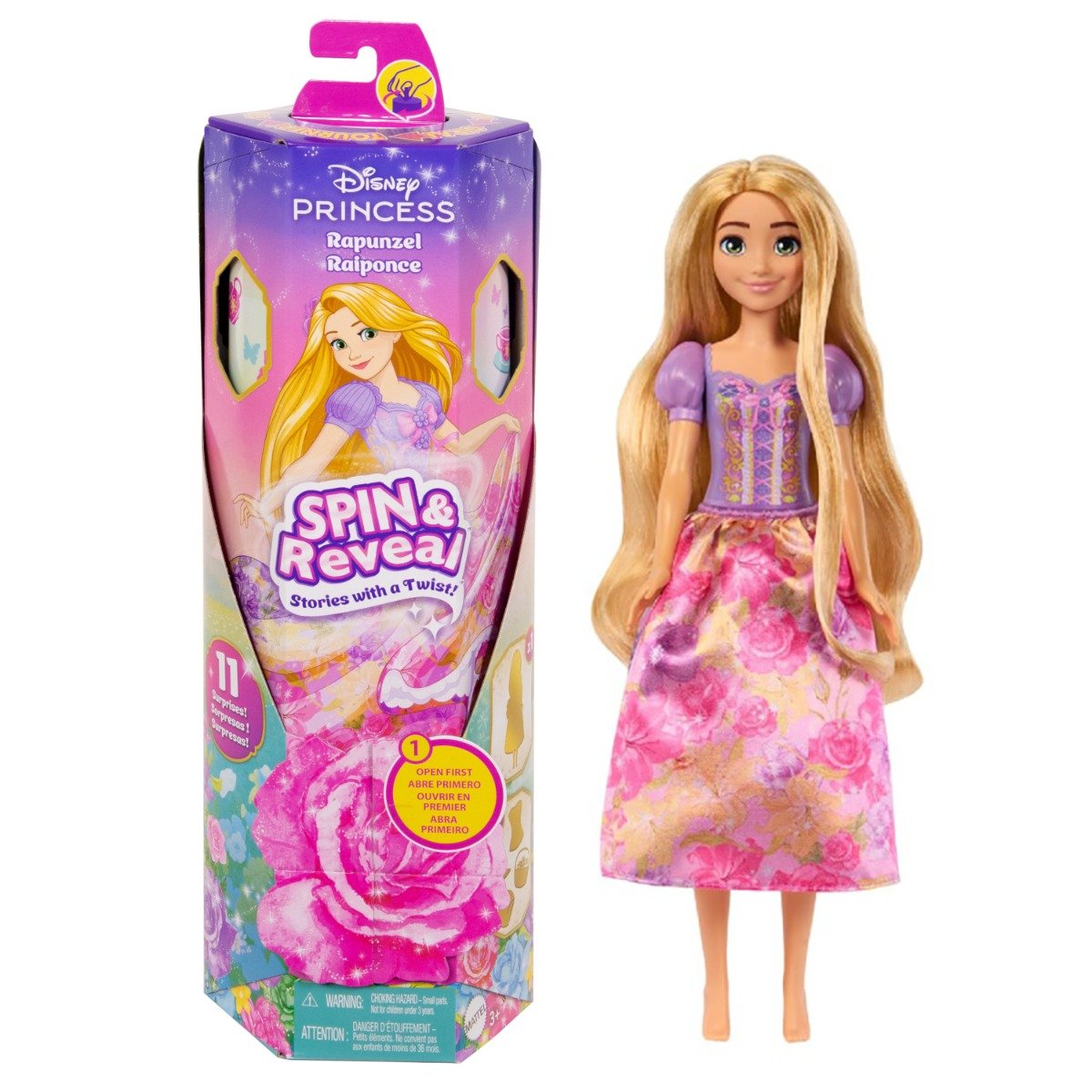 Papusa cu accesorii surpriza, Disney Princess, Spin And Reveal, Rapunzel, HTV86