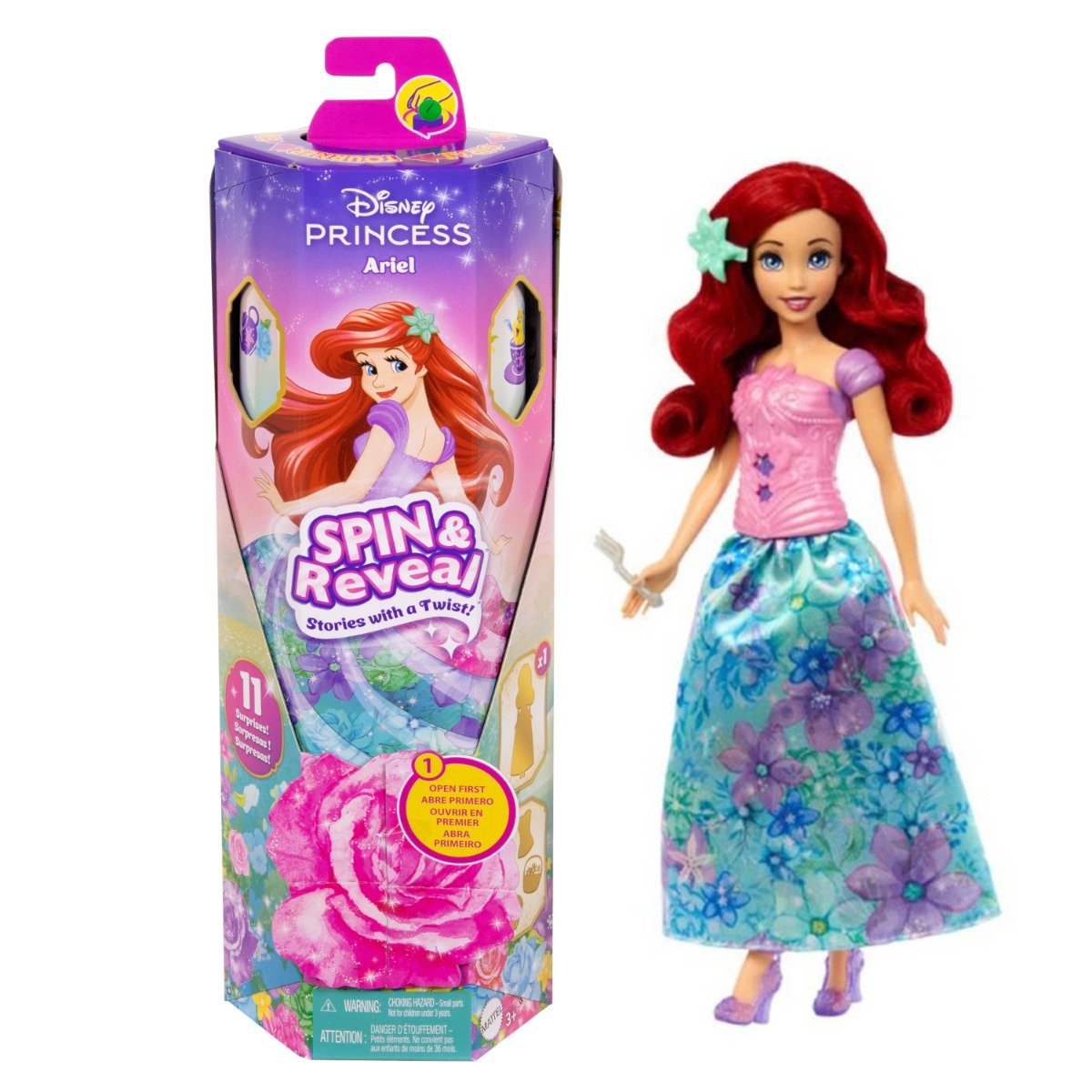 Papusa cu accesorii surpriza, Disney Princess, Spin And Reveal, Ariel, HTV88