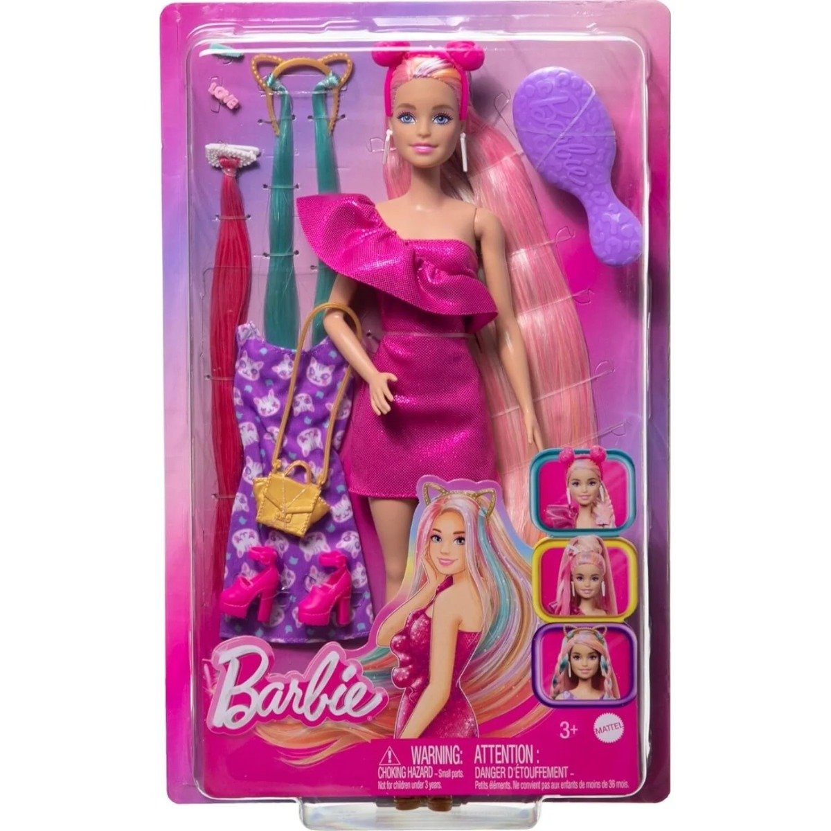 Papusa Barbie cu par lung si accesorii, Fun Fancy Hair, JDC85