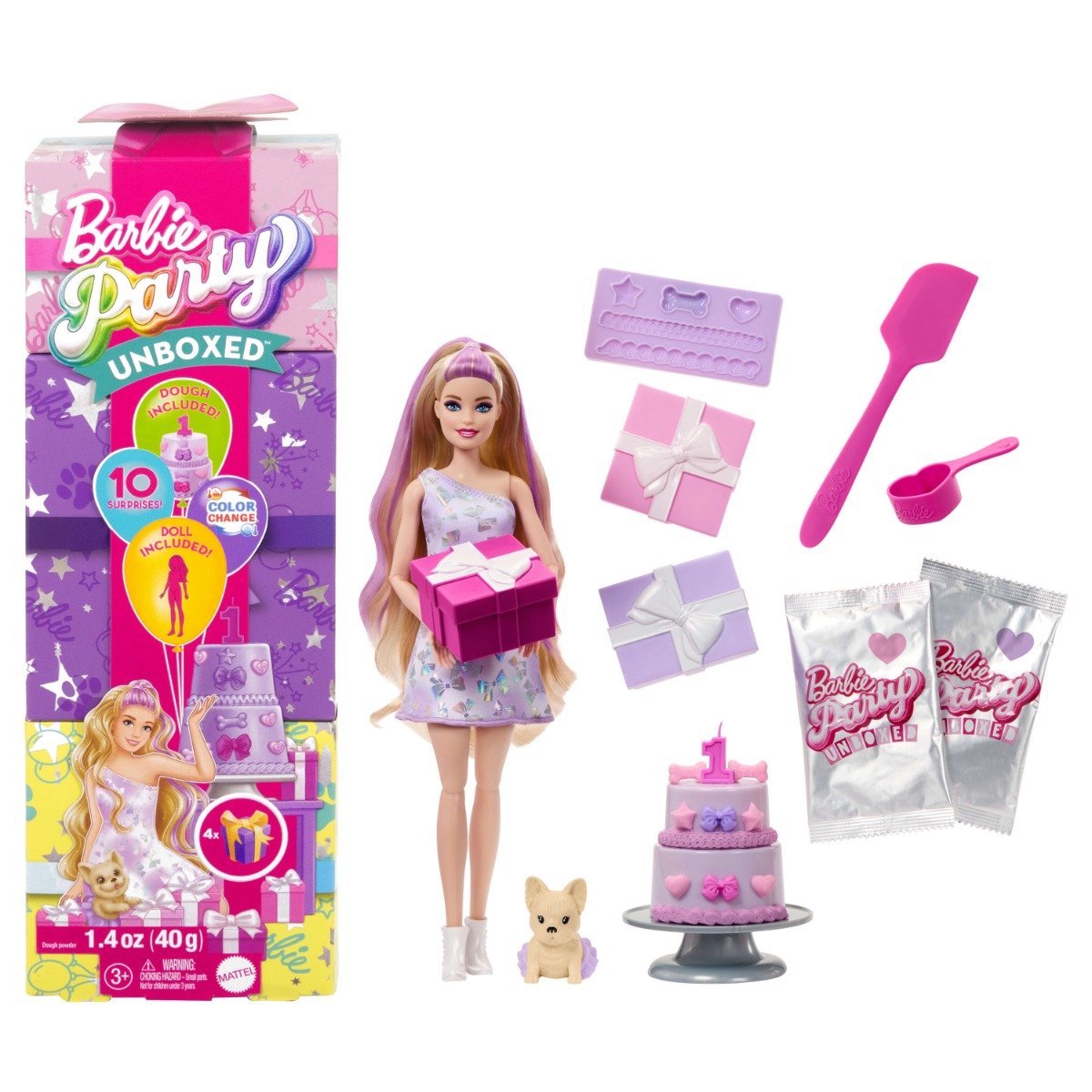 Papusa cu accesorii surpriza Barbie, Party Unboxed, Pet Birthday, JFG70