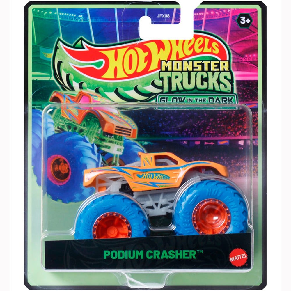 Masina Hot Wheels, Monster Truck, Glow In The Dark, Podium Crasher, JFX12