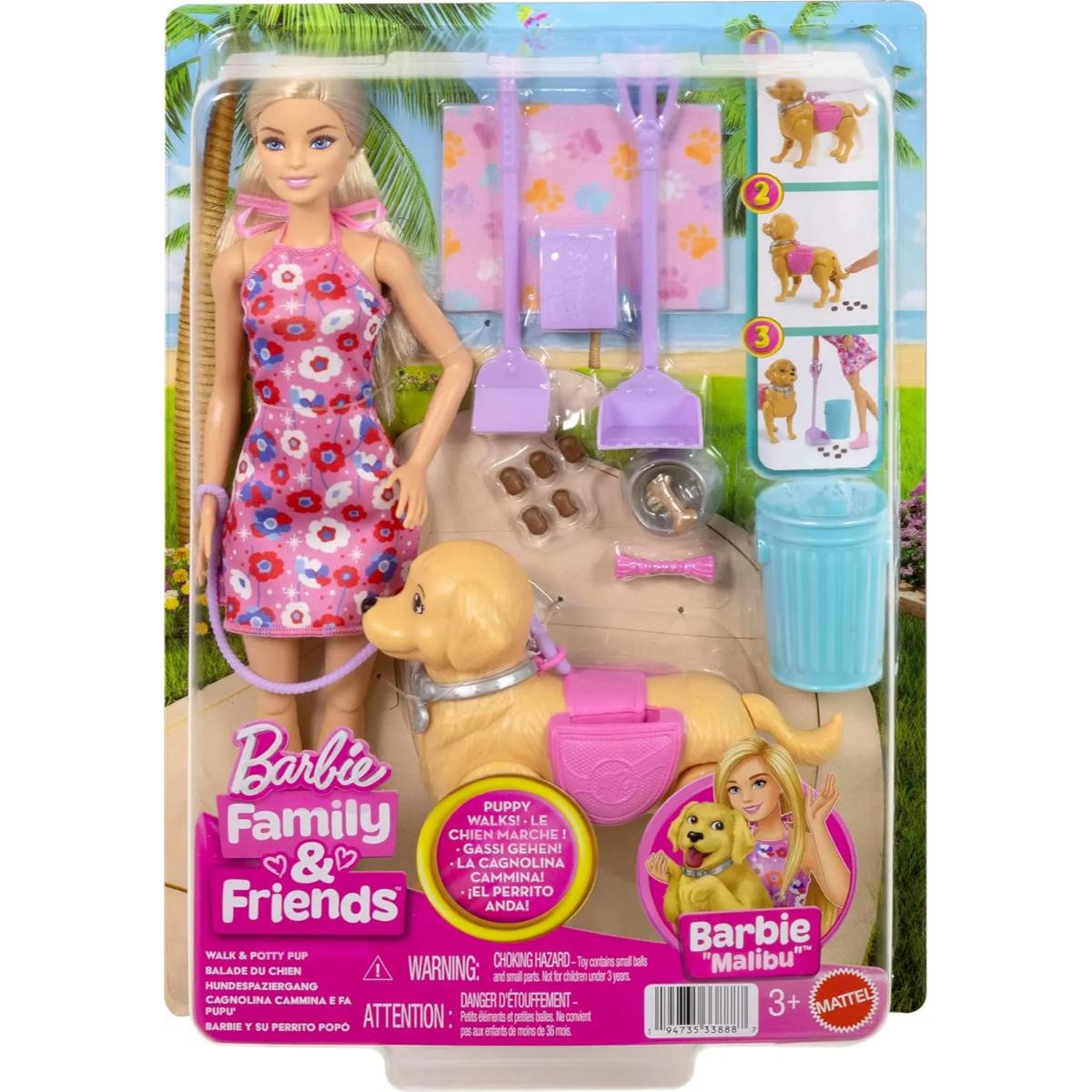 Papusa cu catelus si accesorii, Barbie Malibu, Family and Friends, JJB46