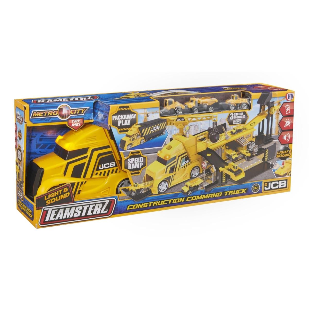 Camion cu platforma si 3 vehicule, Teamsterz, JCB Construction Command Truck