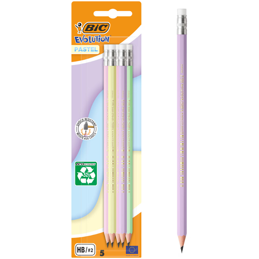 Set 5 creioane grafit cu radiera si mina Hb, Bic, Evolution Pastel