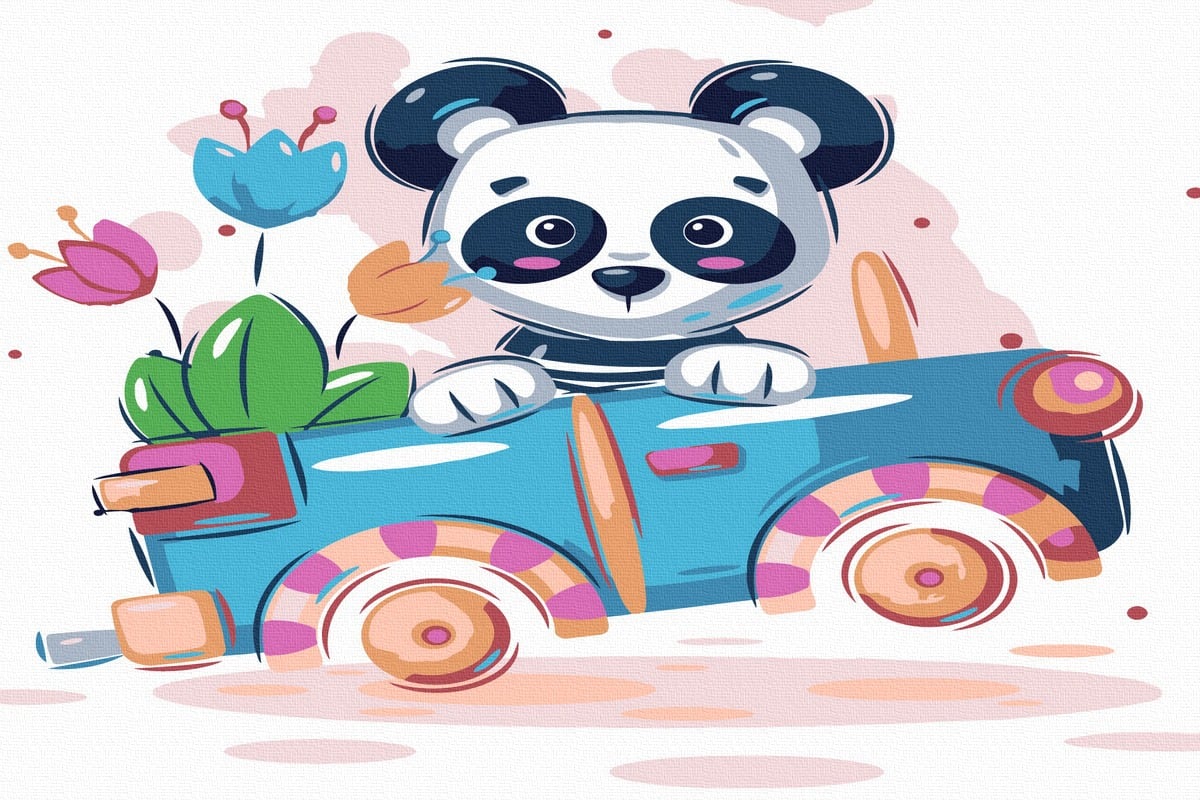 Set Acuarello, Pictura pe numere, Panda in masinuta, cu rama din lemn, pensule si culori acrilice acrilice imagine noua responsabilitatesociala.ro