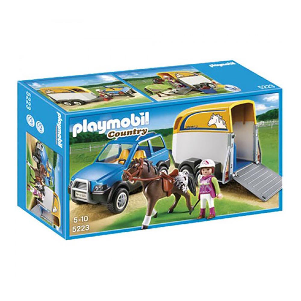 set de constructie playmobil country - masina cu remorca pentru cal (5223)