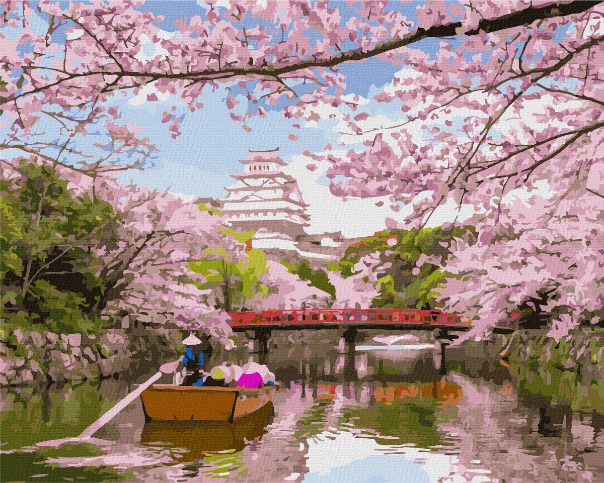 Set acuarello, pictura pe numere, primavara in japonia, cu rama din lemn, pensule si culori acrilice