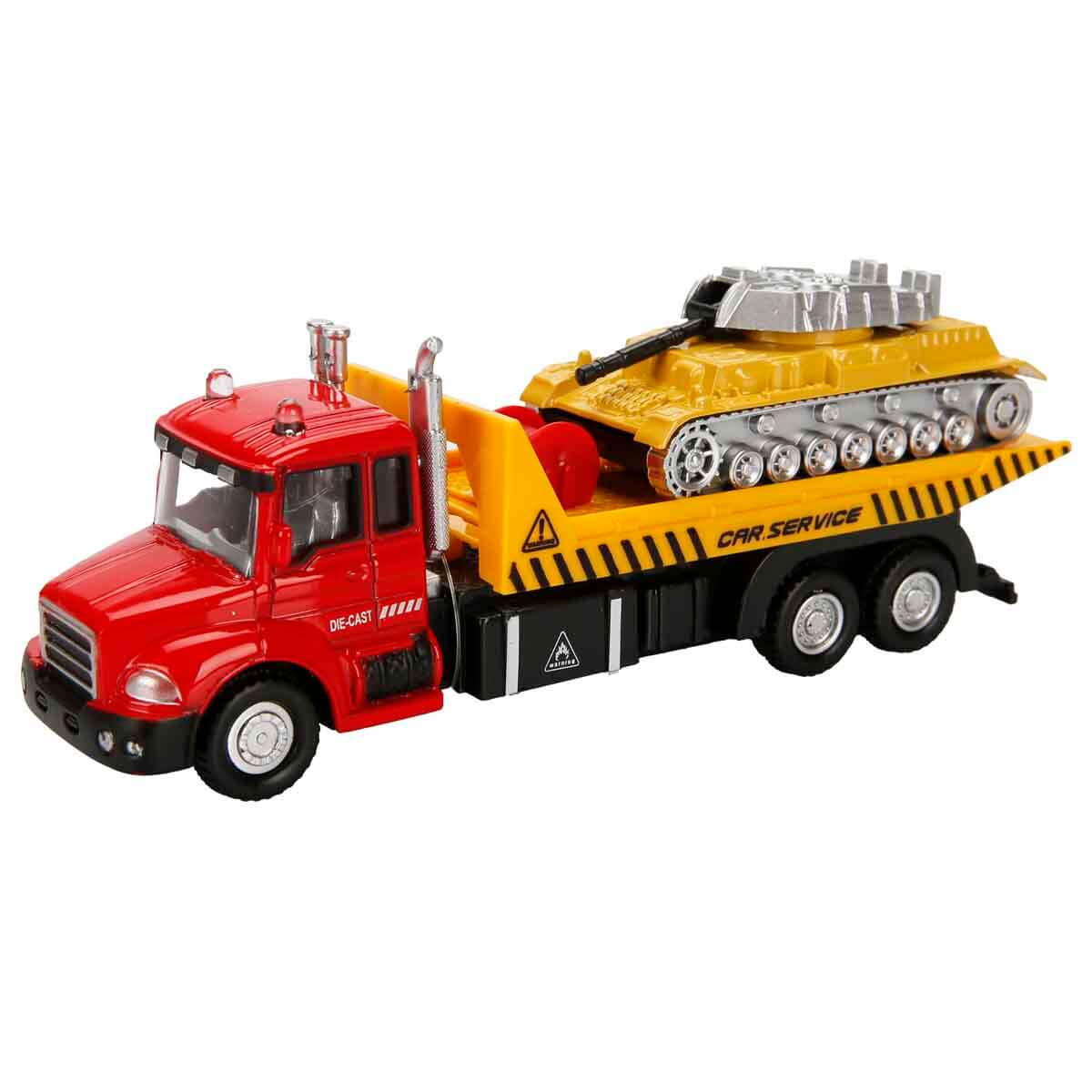 Set camion transportator cu tanc, Maxx Wheels, Rosu, 16 cm