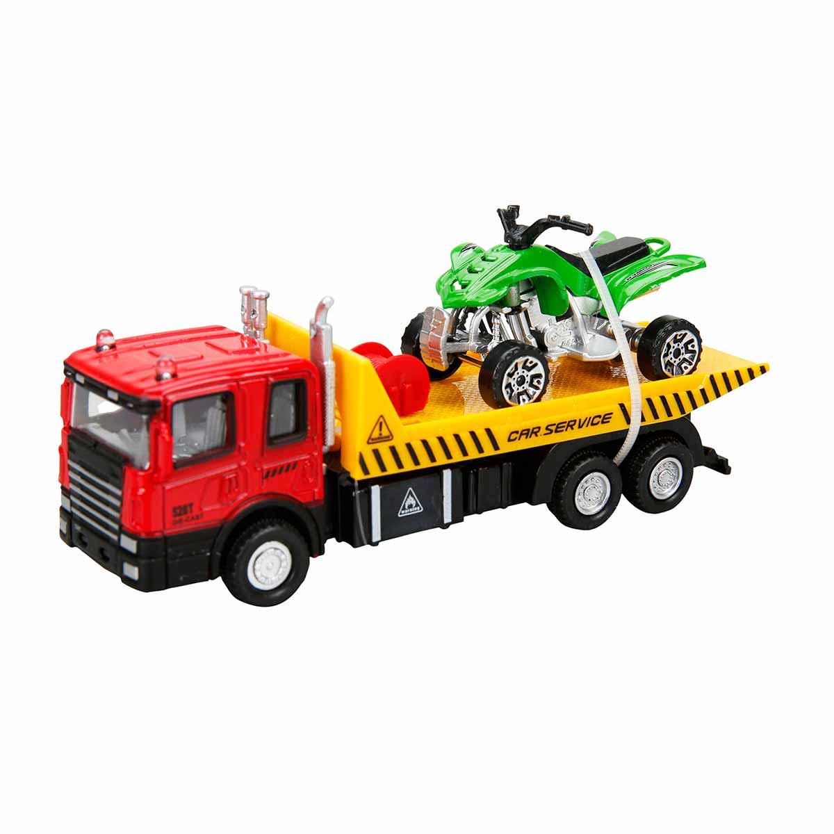 Set camion transportator cu ATV, Maxx Wheels, Rosu, 16 cm