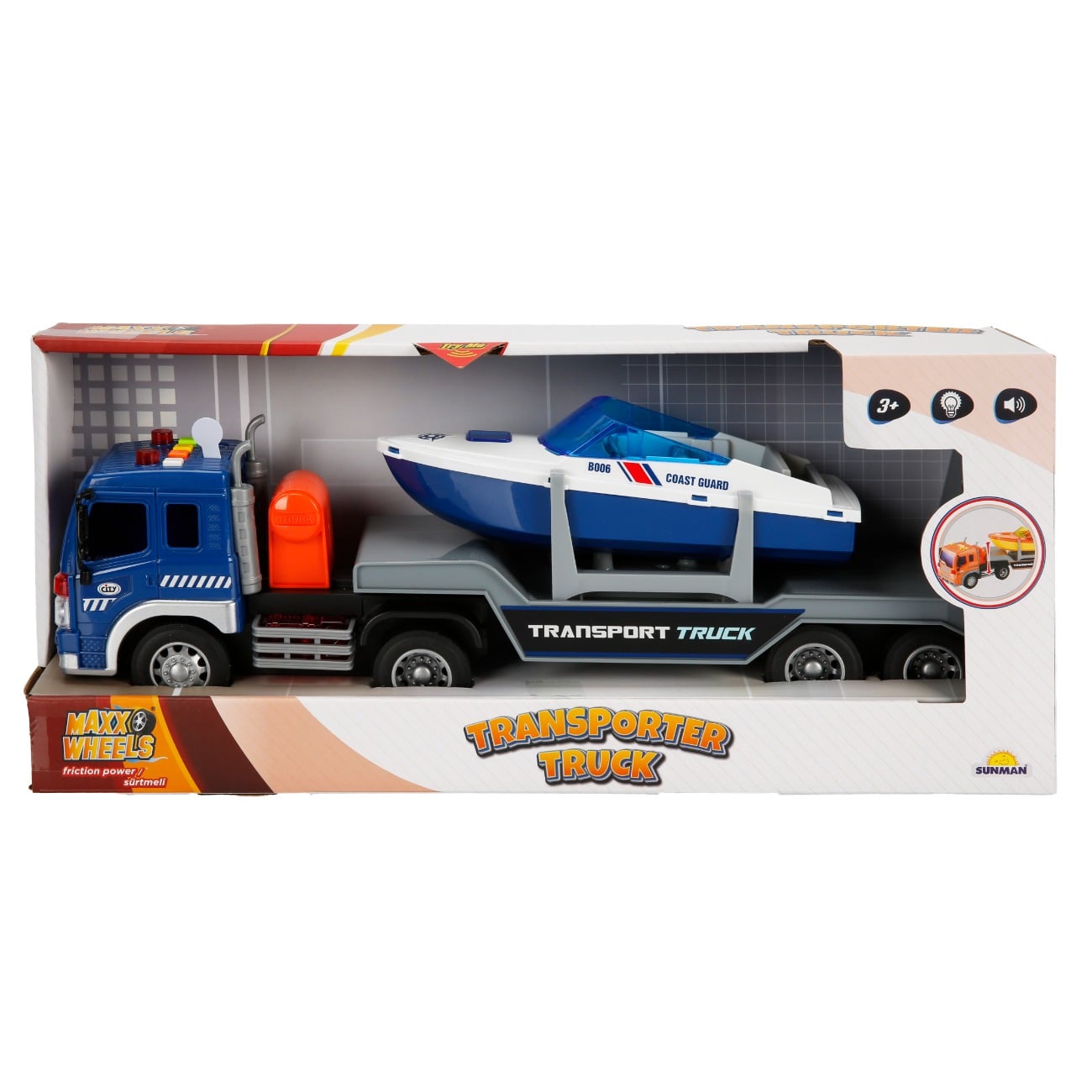 Camion de tractat cu lumini si sunete, Barca, Maxx Wheels, 1:16, Albastru